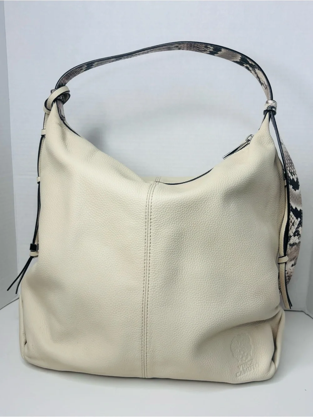Vince Camuto Cream Leather Shoulder Hobo with Snake-Print Strap